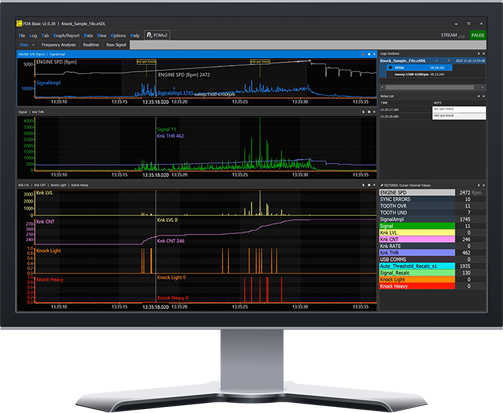 Home-page Slider Photo with Knock Analysis Software Displayed on PC Monitor Home-page slider photo of the PC monitor displaying PLEX Knock Analysis Software with knock waveform and analysis tools.