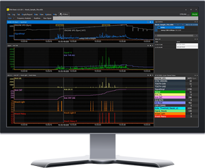 Mobile Slider Photo with Knock Analysis Software Displayed on PC Monitor Mobile slider photo of the PC monitor displaying PLEX Knock Analysis Software with knock waveform and analysis tools.