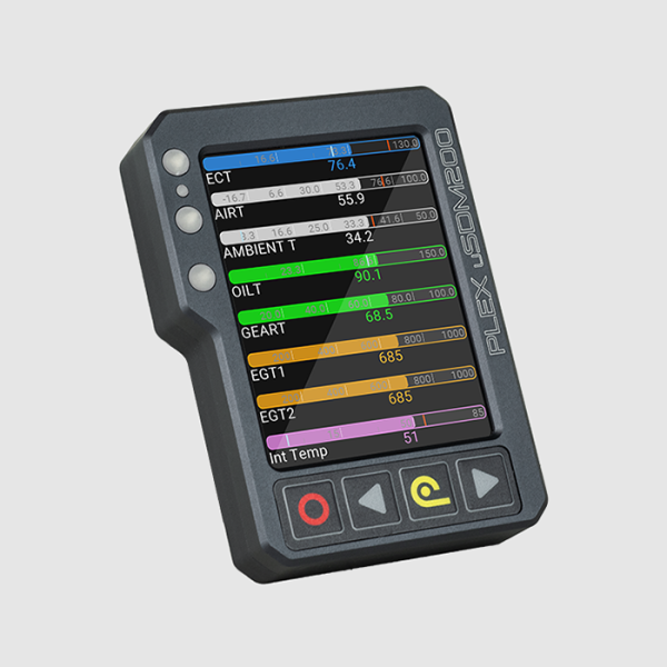 Diagonal view of the PLEX uSDM-200 vertical orientation, displaying a custom page with different termperature bar graphs, including ECT, Air Temp, Oil Temp, EGT and other