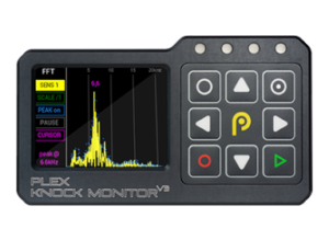 Front View of the PLEX Knock Monitor V3, displaying a real-time FFT frequency analysis graph.