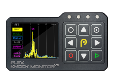 Front View of the PLEX Knock Monitor V3, displaying a real-time FFT frequency analysis graph.