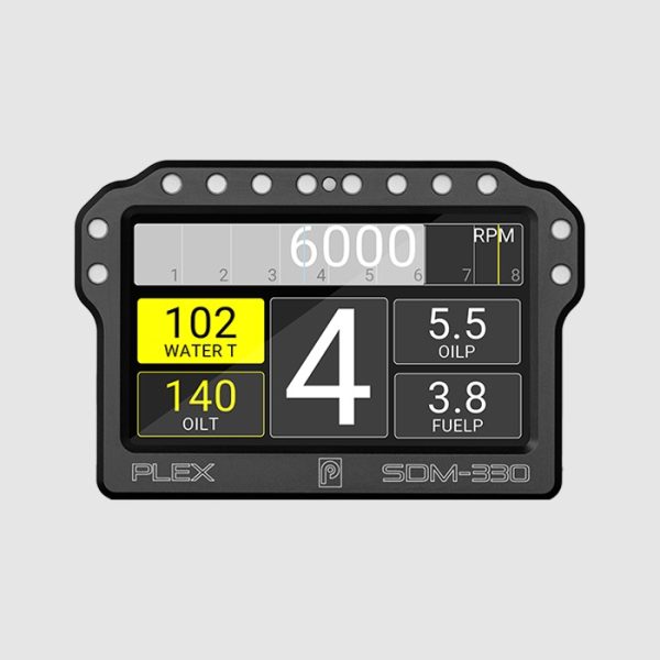 PLEX SDM-330 front view showing racing UI with clear graphics and motorsport-ready layout.