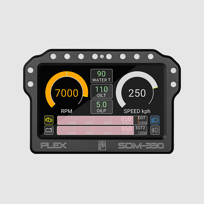 SDM-330 digital dash display with clean interface showing OEM icons and graphical gauges.