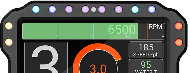 Cropped SDM-330 dash display showing clean interface with lit shift LEDs.
