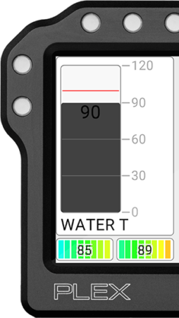 Cropped SDM-330 front-left view showing water temp bar, tire pressure icons, and partial LEDs.