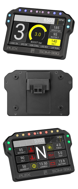 SDM-330 mobile layout with stacked front, back, and diagonal views for race display applications.