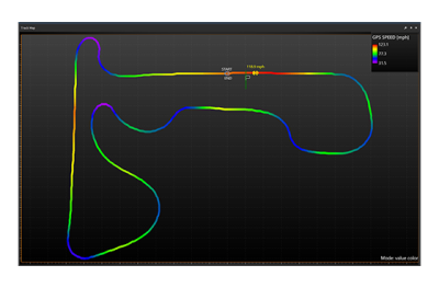 PLEX PDA-Win software screenshot with track map and GPS speed overlay for motorsport data analysis.
