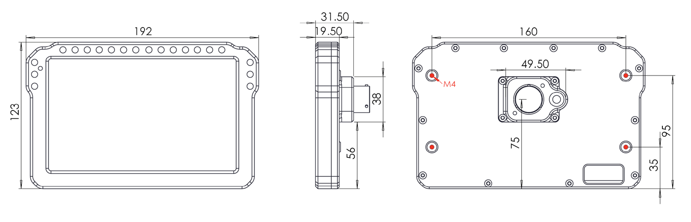 PLEX SDM-700R Technical Drawings with Dimensions & Mounting Thread Sizes – Front, Side & Back Views PLEX SDM-700R technical drawing showing front, side, and back views with detailed dimensions and mounting thread sizes for the 7-inch motorsport dash display logger.