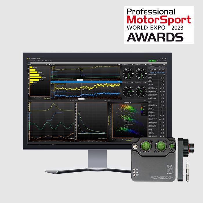 PCA-2000Plus datalogger with PCA-Win software display and award recognition for best electronic solutions category innovation.