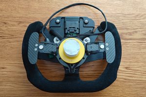 Rear view of Graham Blackwell’s steering wheel showing SDM-330 installation and input wiring