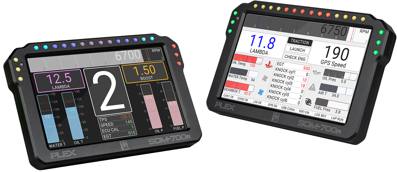 Pair of right and diagonal views of the PLEX SDM-700R Dash Display Logger with different page layouts, demonstrating optimized viewing ergonomics, clean UI, and straightforward graphics.