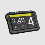 Diagonal left view of the PLEX SDM-700R Dash Display Logger showing boost, RPM, water temperature, oil temperature, and gear indicators with status indicators for GPS, logging, and performance measurements.