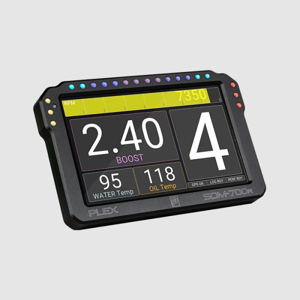 PLEX SDM-700R Dash Display Logger – Diagonal Left View with Performance Layout Diagonal left view of the PLEX SDM-700R Dash Display Logger showing boost, RPM, water temperature, oil temperature, and gear indicators with status indicators for GPS, logging, and performance measurements.
