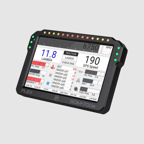 PLEX SDM-700R Dash Display Logger – Diagonal Right View with Light Theme Diagonal right view of the PLEX SDM-700R Dash Display Logger in light color theme, showing a complex page with lambda, gear, GPS speed, launch, tracking, temperatures, cylinder knock data, and status indicators.