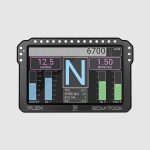 Front view of the PLEX SDM-700R showing large gear indicator, horizontal RPM graph, lambda and boost indicators, and vertical bar graphs on a bright IPS screen.
