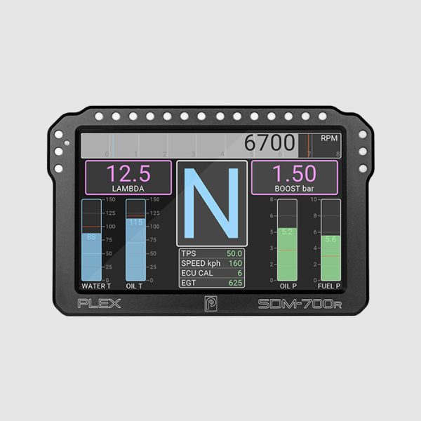 PLEX SDM-700R Dash Display Logger – Front View with Clear Layout Front view of the PLEX SDM-700R showing large gear indicator, horizontal RPM graph, lambda and boost indicators, and vertical bar graphs on a bright IPS screen.