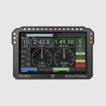 Front view of the PLEX SDM-700R Dash Display Logger with advanced page optimized for lap timing and track tracing, showing lap, lap time, best lap, GPS speed, RPM, brake, launch, pit, anti-lag, lambda, and boost data.
