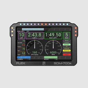 Front view of the PLEX SDM-700R Dash Display Logger with advanced page optimized for lap timing and track tracing, showing lap, lap time, best lap, GPS speed, RPM, brake, launch, pit, anti-lag, lambda, and boost data.