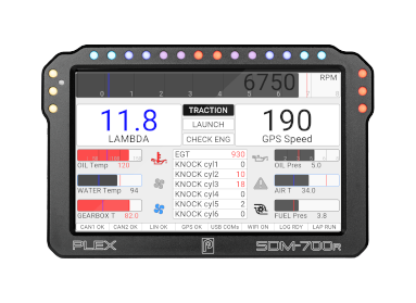 Front view of the PLEX SDM-700R Dash Display Logger in light color theme, showing a complex page with lambda, gear, GPS speed, launch, tracking, temperatures, cylinder knock data, and status indicators.